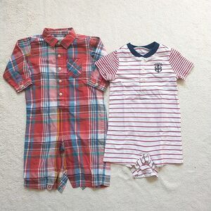 Ralph Lauren Overall Onepiece Baby Boy 9M Plaid Striped Cotton Button Logo 2xLot